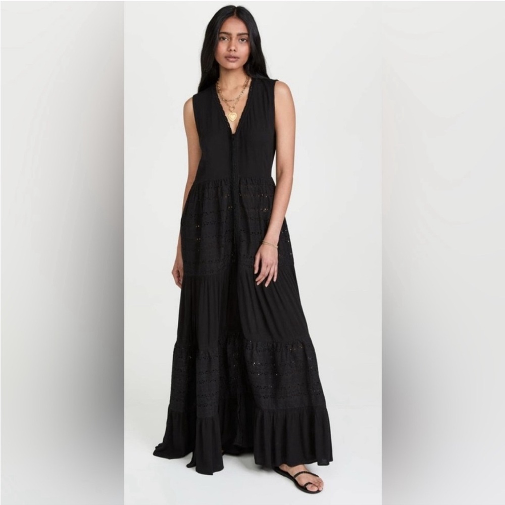Playa Lucila Eyelet Maxi Tiered Button-down Dress Black size Large